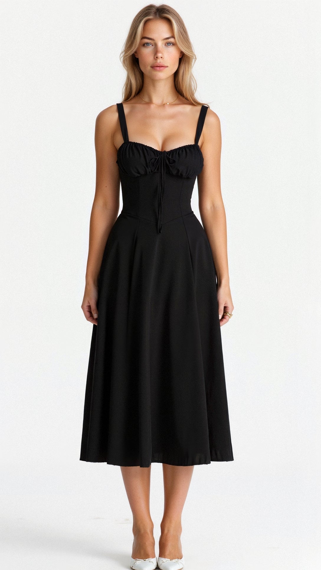 Isabeau Renard | Corset Midi Dress – Tailored Waist and Flowing Skirt