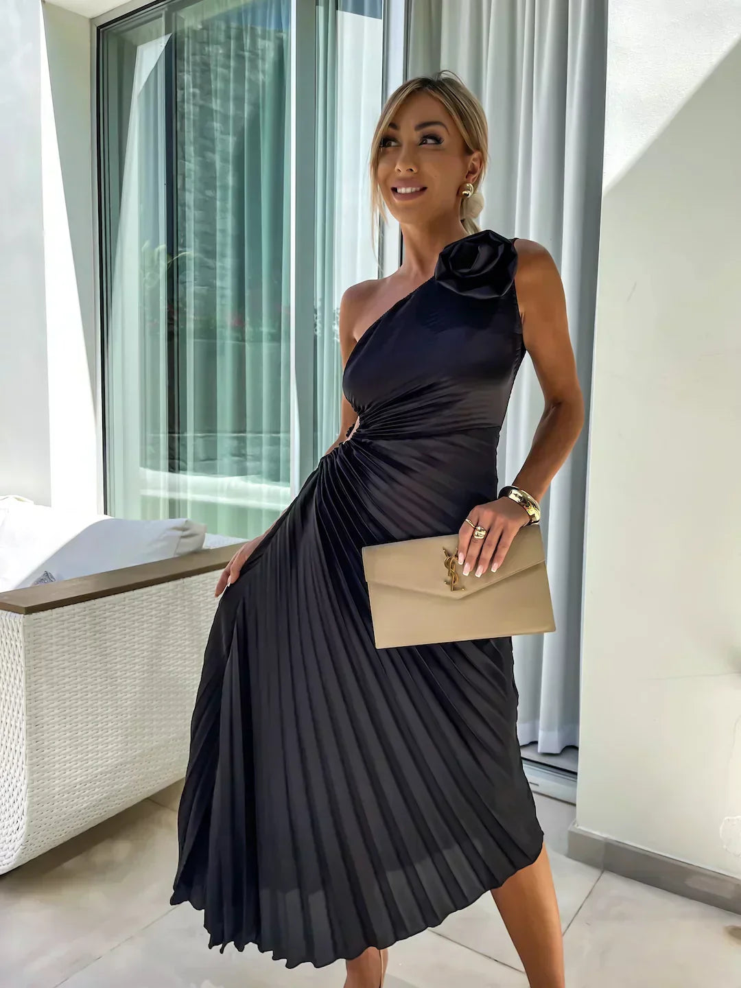 Ivy Harrison | One-Shoulder Pleated Maxi Dress